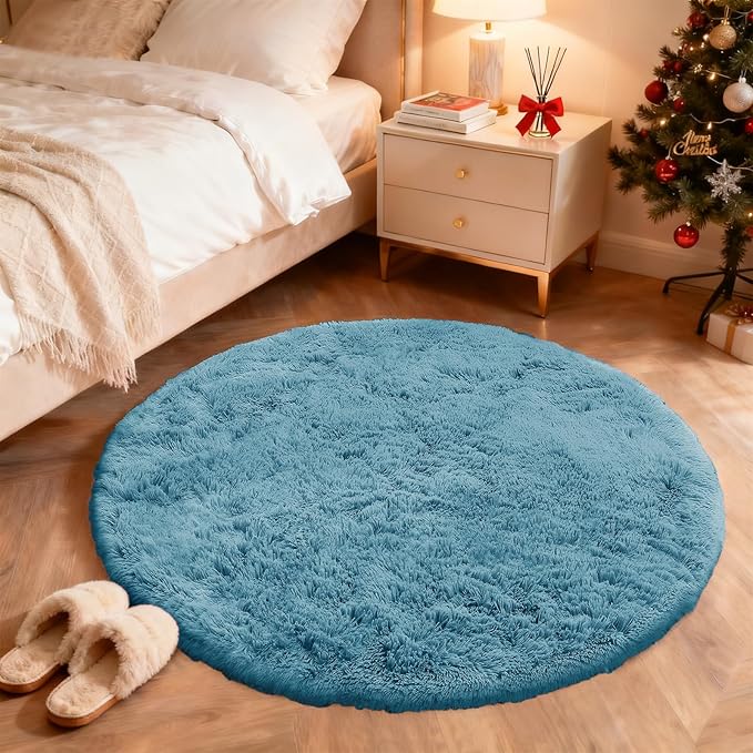 OLANLY Slate Blue Round Rugs for Bedroom - Machine Washable, 2 ft Circle Area Rugs for Living Room, Soft and Fluffy Shaggy Carpet for Teen Girl and Boys, Nursery Rooms, Dorms, Home Decor Aesthetic