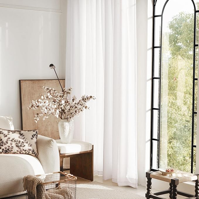 Linen White Curtains 84 inches Long for Bedroom Back Tab Privacy Light Filtering Semi Sheer White Boho Farmhouse Curtain Drapes Cotton Textured Modern Elegant Coastal Living Room Decor Off White