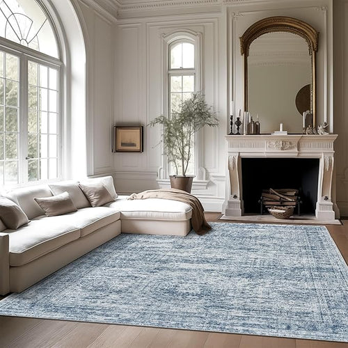9x12 Area Rugs for Living Room, Non Slip Machine Washable Vintage Rugs, Low Pile Lightweight Large Rug for Bedroom, Dining Room, Home Office Blue