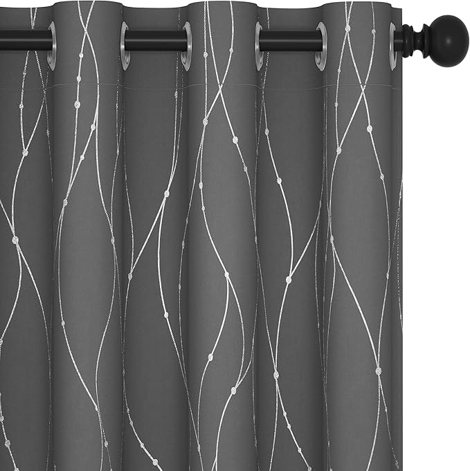 Deconovo Blackout Curtains, Grey Curtain, Thermal Insulated Noise‑Reducing Drape, Wave Line Dot Foil Print, 52 x 45 Inch, 2 Panels, Machine‑Washable Curtain Drapes for Kitchen Nursery Small Window