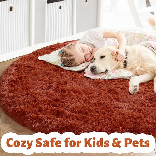Amdrebio Terracotta Rust Circle Round Rug 4Ft for Bedroom Living Room Aesthetic, Fluffy Fuzzy Thick Shag Area Rugs for Kids Room Decor, Small Plush Furry Shaggy Carpet for Nursery Dorm Classroom