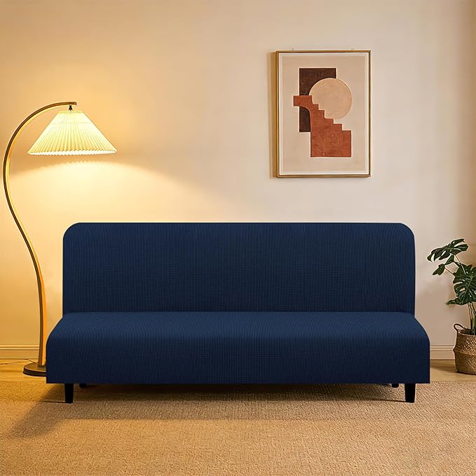 U-NICE HOME Stretch Futon Cover Armless Bed Slipcover - Soft Jacquard Fabric Washable for Pet Friendly, Navy