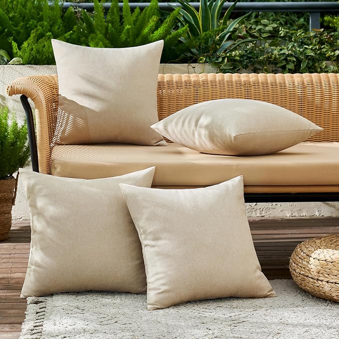 MIULEE Pack of 4 Decorative Outdoor Throw Pillow Covers Linen Waterproof Pillow Covers Farmhouse Cushion Cases for Patio Garden Tent Balcony Couch Sofa 18x18 inch Beige