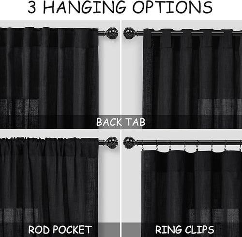 Balck Sheer Linen Curtains 94 inch Length for Bedroom Back Tab Rod Pocket Modern Farmhouse Muslin Look Cotton Textured Black Window Curtains 94 inches Long for Dining Room Living Office 2 Panels