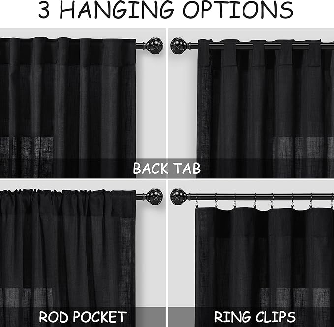 Nanspring 96 Inch Linen Curtains for Living Room Semi Sheer Linen Blended Curtains Back Tab Rod Pocket Light Filtering Simple Modern Black Curtains for Bedroom 60x96,2 Panels