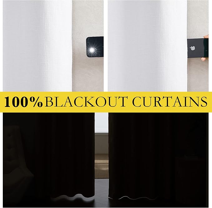 NICETOWN 100% Absolutely Blackout Linen Curtains with Thermal Insulated White Liner, White, W62, 2 Pieces, Noise Reducing Textured Linen Look Curtains for Windows 102 inch Length for Classroom