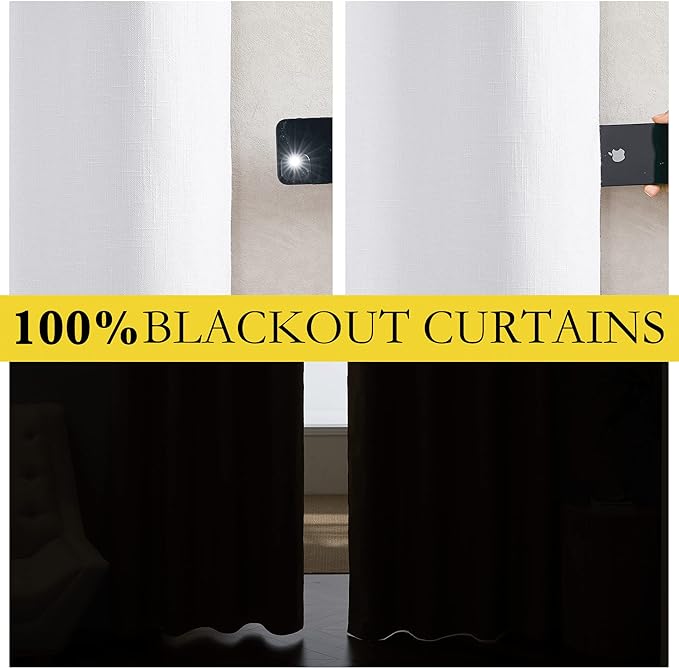 NICETOWN 100% Absolutely Blackout Linen Curtains with Thermal Insulated White Liner, White, 52 inches Wide, 72 inches Length Energy Saving Curtains for Living Room 2 Panels Set, Vertical Blinds