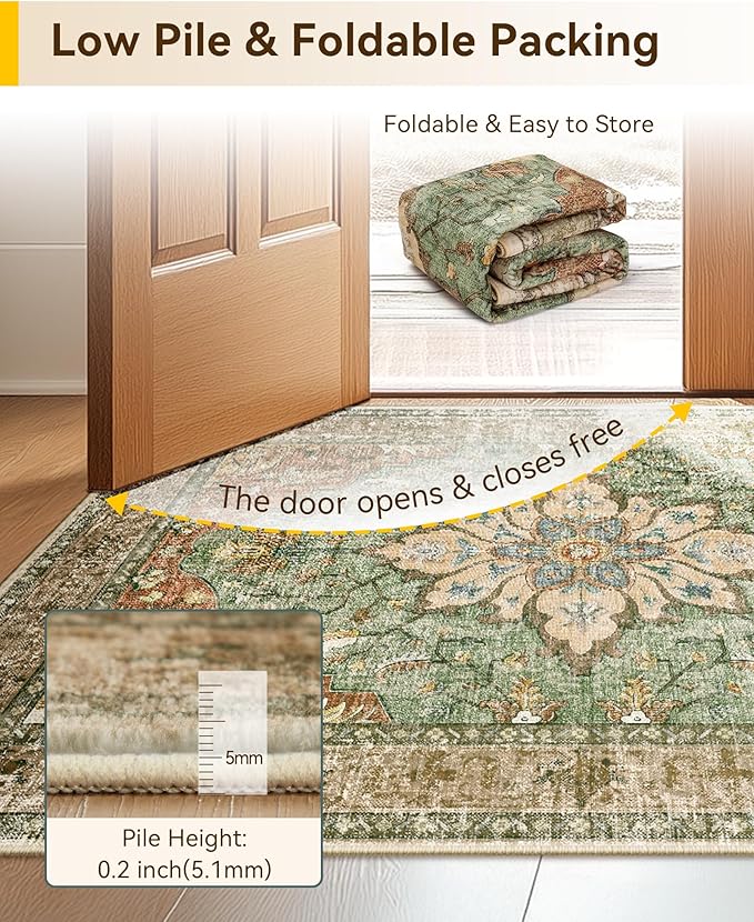 RELEANY Area Rugs 7'x9' Washable Non-Slip, Floral Vintage Distress Print Pattern Medallion Carpet for Living Room Bedroom Dining Room, Brick Red Rust Neutral Brown Burnt Orange Green