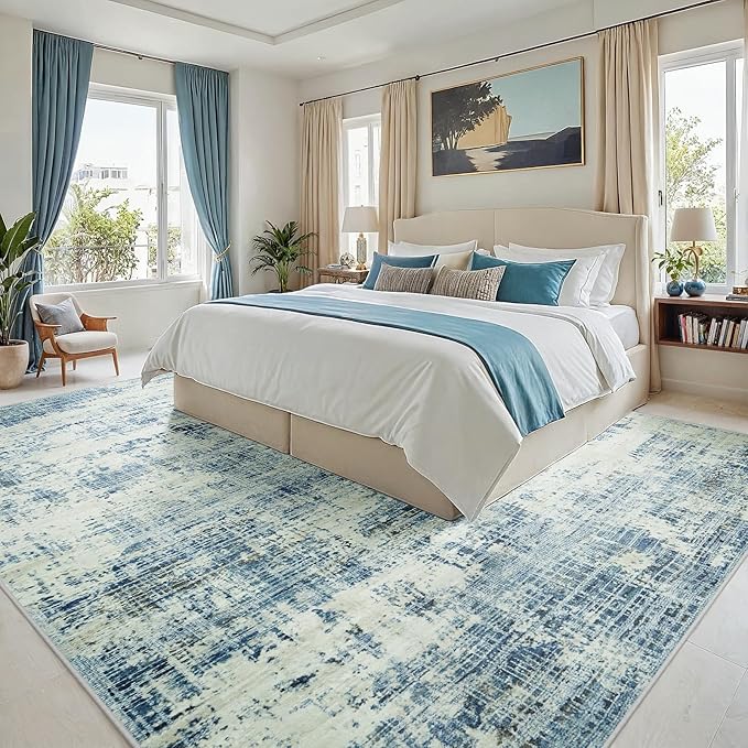 6x9 Area Rugs for Living Room Washable Rug: Anti-Skid Abstract Modern Living Room Rug Soft Thin Carpets Indoor Floor Non-Shedding Carpet for Bedroom Dining Farmhouse Nursery Blue Gray Gold