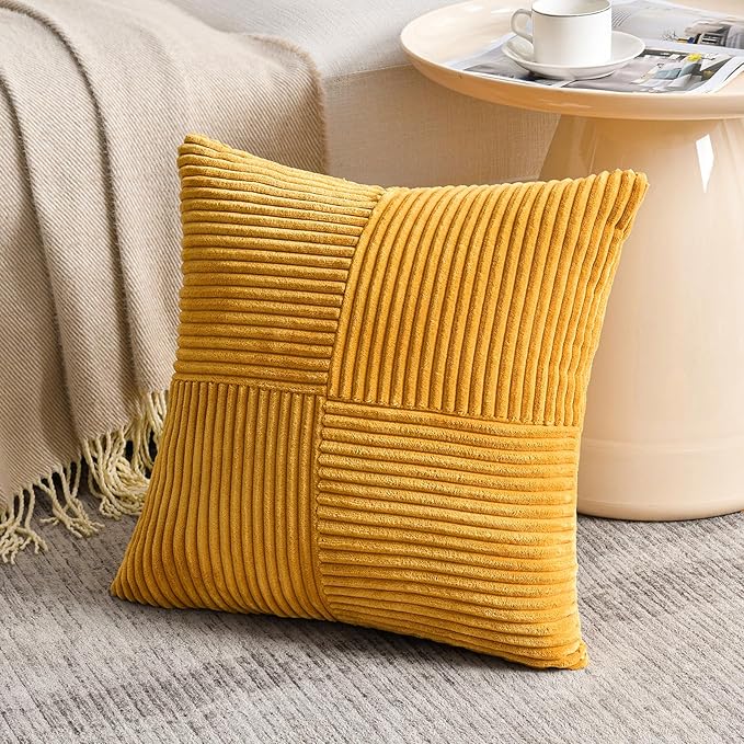 Fancy Homi 2 Packs Gold Yellow Big Decorative Throw Pillow Covers 24x24 Inch for Couch Bed Sofa, Rustic Farmhouse Boho Home Decor, Soft Corss Corduroy Patchwork Accent Square Cushion Case 60x60 cm