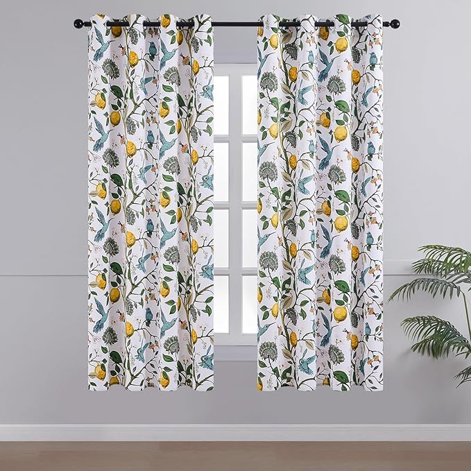 Topfinel Kitchen Curtains 45 Inch Length White Vintage Blackout Curtains for Cafe Kitchen, Short Grommet Luxury Whimsical Floral Hummingbird Patterned 45 Inches Long for Living Room Bedroom