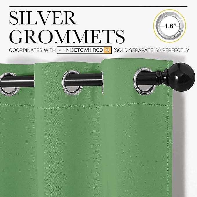 NICETOWN Bedroom Blackout Draperies Panels, 2 Panels, 42 x 72 Inch, Fresh Green, Three Pass Microfiber Noise Reducing Thermal Insulated Solid Ring Top Window Curtains