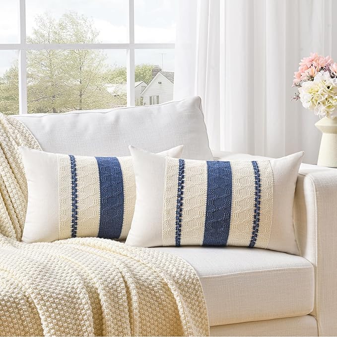 Fancy Homi Set of 1 Dusty Blue Vintage Long Lumbar Decorative Throw Pillow Covers 12x24 Inch for Couch Bed Sofa Chair Bedroom, Rustic Retro Square Cushion Case, Modern Farmhouse Boho Room Decor