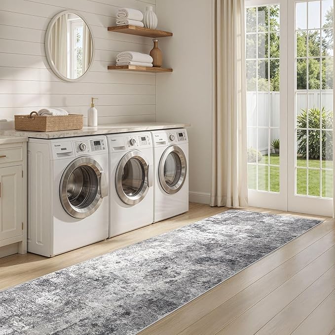 UERMEI 2X8 Washable Runner Rug for Hallway: Soft Neutral Modern Abstract Area Rug - Non-Slip Low Pile Long Throw Indoor Carpet for Kitchen Entryway Kitchen Bedroom Laundry - Grey