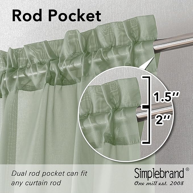 Simplebrand Rod Pocket Top Solid Voile Sheer Curtains for Bedroom, 54 Inch Length Drapes Set of 2, Lightweight and Light Filtering Elegant Sage Curtains Panels Window Treatment, 42W×54L, Sage