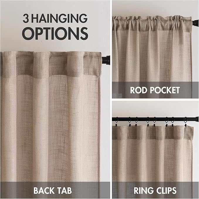 MIULEE Taupe Linen Curtains 63 Inch Length 2 Panels for Bedroom Living Room, Soft Thick Linen Textured Kitchen Window Drapes Semi Sheer Light Filtering Back Tab Rod Pocket Burlap Look Decor