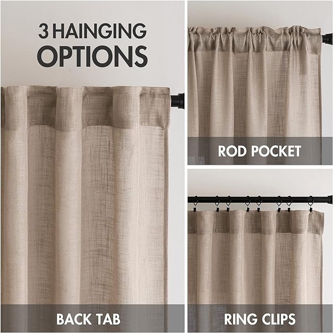 MIULEE Taupe Linen Curtains 84 Inch Length for Bedroom Living Room, Soft Thick Linen Textured Window Drapes Semi Sheer Light Filtering Rod Pocket Back Tab Burlap Look, 2 Panels, 37x84 Inches