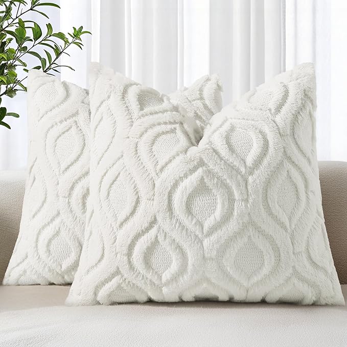 decorUhome Throw Pillow Covers 18x18 Inch Set of 2, Soft Plush Faux Wool Cream White Solid Couch Pillow Covers, Accent Farmhouse Neutral Square Pillow Cases for Sofa Bed Living Room