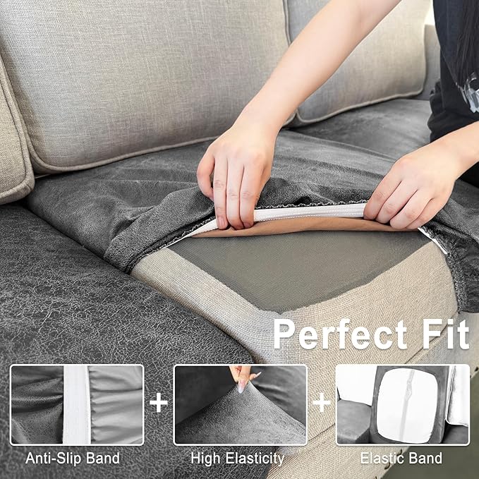 Leather Look Couch Cushion Covers Sofa Seat Slipcovers Sets Couches Furniture Protector for Sectional Armchair Loveseat Pets Kids Stretch Spandex Fabric (3 Cushion Sofa, Light Grey)