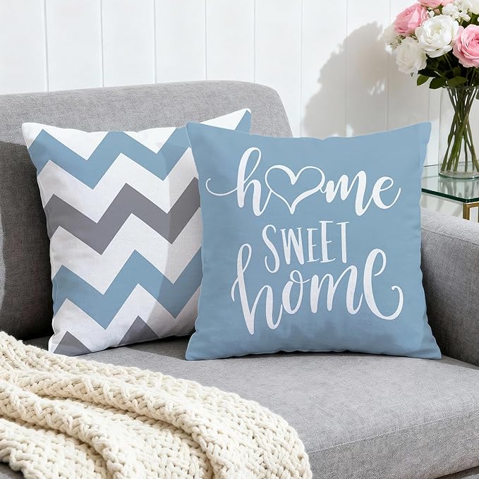 Hexagram Geometric Aqua Blue Pillow Covers 18x18 Set of 4, Decorative Outdoor Boho Modern Throw Pillow Covers, Home Sweet Home Farmhouse Cushion Case for Couch Sofa Bedroom Indoor Decor(No Insert)