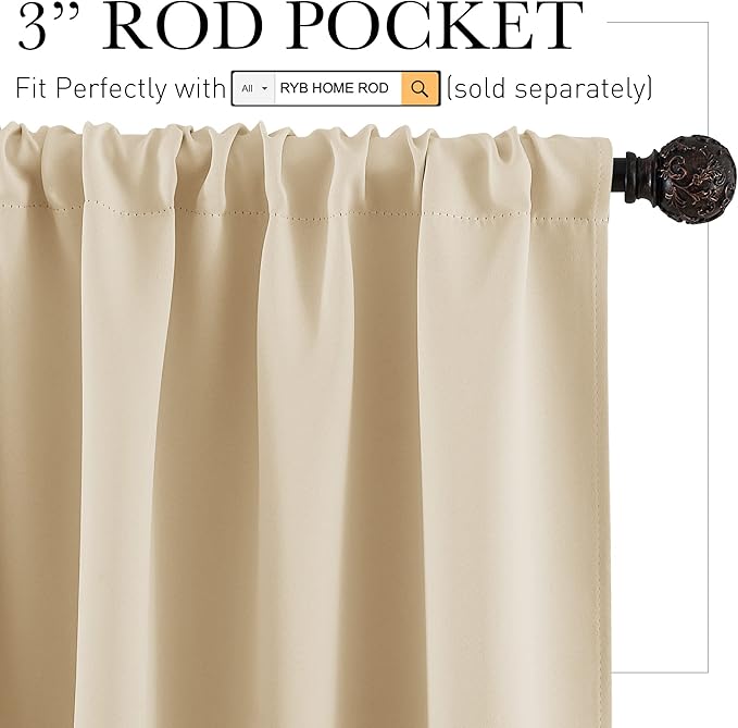 RYB HOME Short Curtains for Small Window, Sunmmer Heat Light Blocking Privacy Protection Curtains for Sunroom Laundry Room Stair Window, Width 52 by Length 36, Biscotti Beige, Set of 2