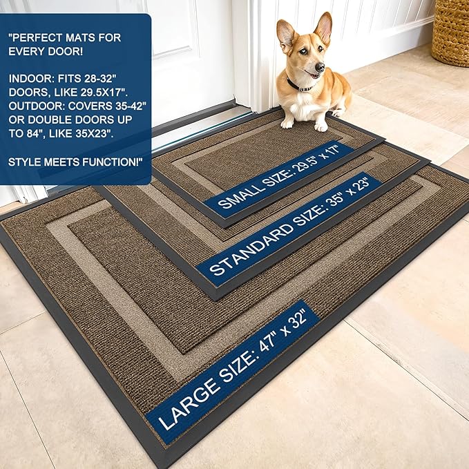 OLANLY Front Door Mat Indoor Outdoor Entrance, Waterproof All-Season, All-Weather Doormat, Sturdy Natural Rubber, Fade Resistant, Low Profile, Easy Clean Patio Porch Entryway Mat, 36x24, Brown
