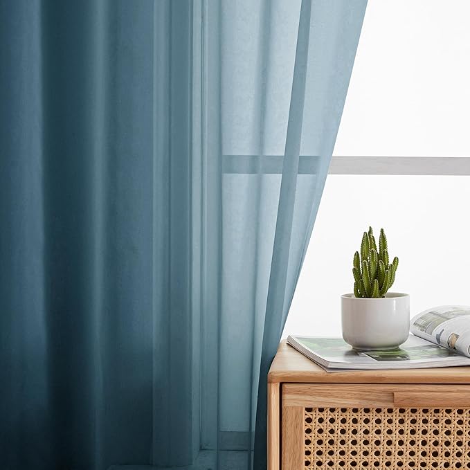 Simplebrand Dusty Blue Valances 14 Inches Long for Living Room Pocket 2 Panel Light Filtering Sheer Translucent Valence Toppers for Short Window Kitchen Bathroom Bedroom 42x14 Inch Length