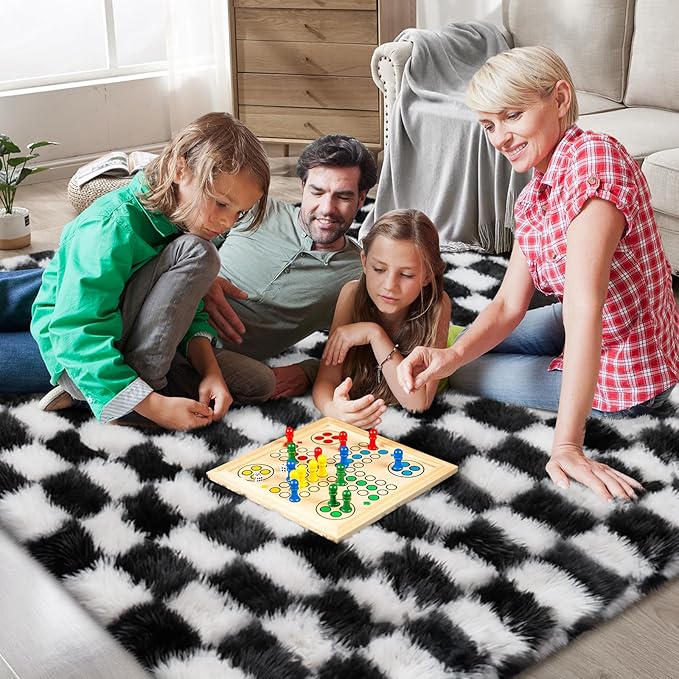 Large Area Rugs for Living Room Bedroom,9x12 Black and White Fluffy Soft Checkered Rug Fuzzy Shag Shaggy Carpet, Indoor Plush Floor Rugs for Kids Boys Girls Teen Dorm Nursery Home Decor