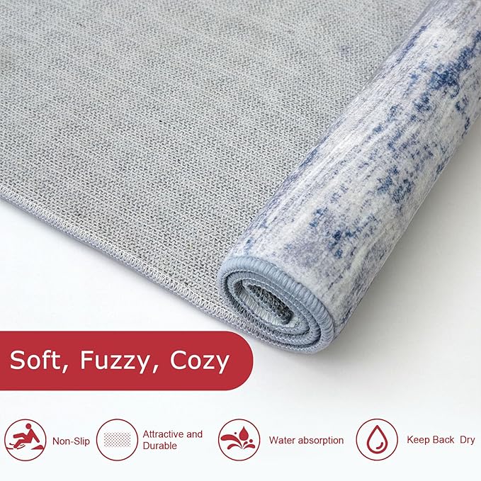 KOZYFLY Modern Abstract Washable Rug Runner 2.6x14 Hallway Rug Runner Non-Slip Soft Kitchen Runner Rugs, Grey-Blue Striped Carpet for Entryway Bathroom Laundry Room Foyer