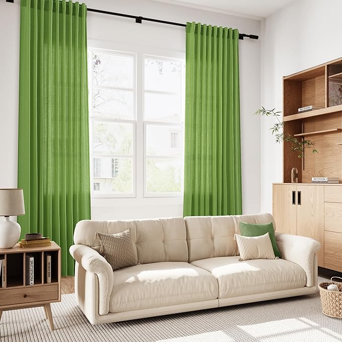 Lime Green Linen Curtains 90 Inch Long 2 Panels Set for Bedroom Living Room, Soft Linen Textured Window Drapes Semi Sheer Light Filtering Rod Pocket Back Tab Morden Style 52x90