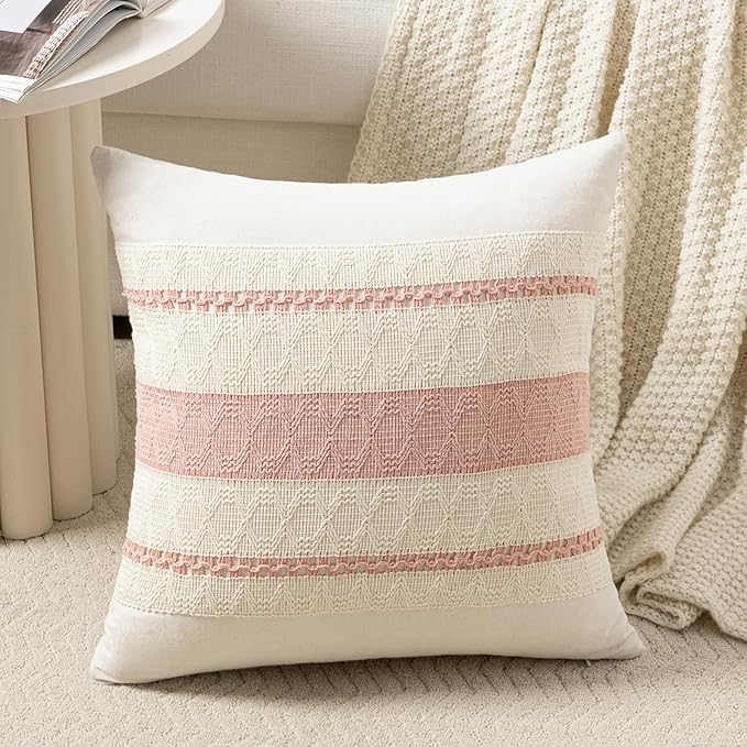 Fancy Homi Set of 1 Boho Pink Decorative Throw Pillow Cover 20x20 Inch for Couch Bed Sofa, Aesthetic Modern Organic Farmhouse Home Decor, Soft Cotton Cute Accent Macrame Woven Cushion Case
