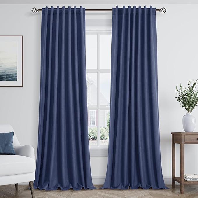 Guken 100% Blackout Curtains 102 Inch Length 2 Panels Set for Living Room Bedroom Back Tab Thermal Insulated Black Out Linen Drapes Room Darkening Window Curtains 102 Inches Long,Classic Blue