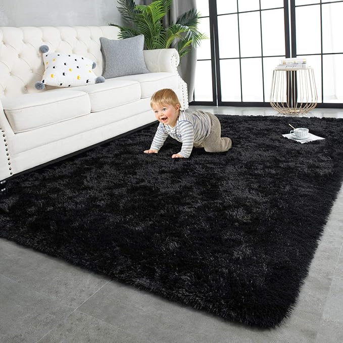 TWINNIS Super Soft Shaggy Rugs Fluffy Carpets, 3x5 Feet, Indoor Modern Plush Area Rugs for Living Room Bedroom Kids Room Nursery Home Decor, Upgrade Anti-Skid Rectangular Fuzzy Rug, Black