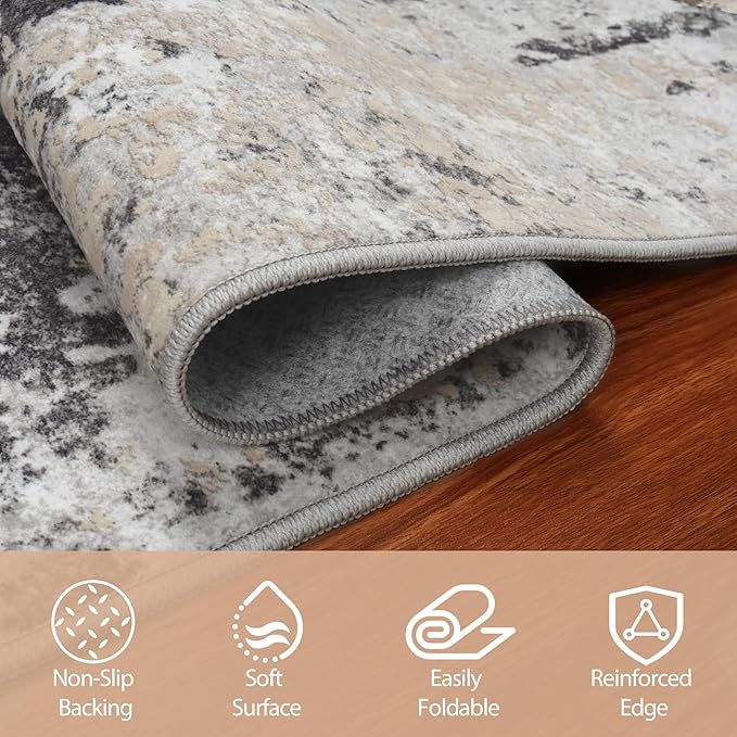 6x9 Area Rugs for Living Room Rug Washable: Abstract Rug for Dining Room Bedroom Carpet Non Slip 6 by 9 Indoor Modern Nursery Home Office Black Grey Gold