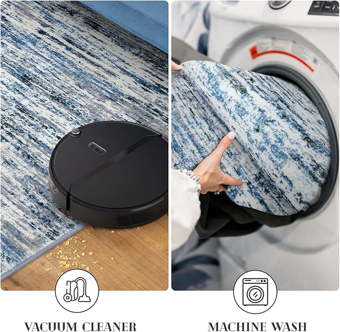 Lansny Modern Abstract Hallway Runner Rug, Grey Blue White Washable Kitchen Runner Non-Slip Soft 2x8 Runner Rug Thin Print Faux Wool Carpet for Entryway Bedroom Laundry Room Indoor Home Decor