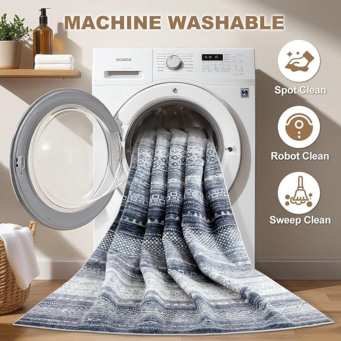 Nakagishi Area Rug Living Room Rugs: 2X6 Machine Washable Boho Large Neutral Farmhouse Stain Resistant Moroccan Indoor Floor Carpet for Bedroom Nursery Dorm Dining Room Home-Denim Blue