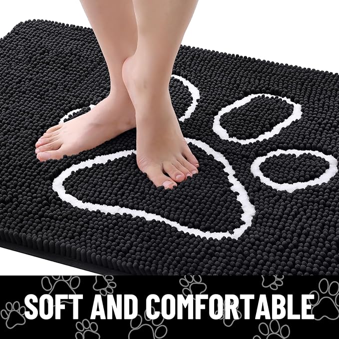 Smiry Dog Door Mat for Muddy Paws, Absorbent Dirt Trapper Non Slip Quick Dry Washable Chenille Mat for Mud Dogs, Entry Rug for Indoor and Outdoor (70x35 Inches, Black and White)