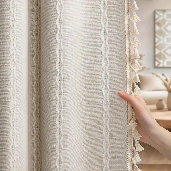 Boho 80% Blackout Curtains with Gray Liner 84 Inches Long 2 Panels Set, Beige Linen Blend Drapes with Tassels and Cotton Embroidered for Living Room Bedroom