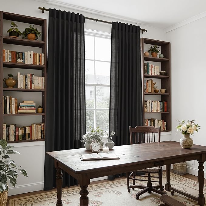 Vintage Black Linen Curtains for Living Room 90 Inches Long Light Filtering Semi Sheer Curtain Back Tab and Rod Pocket Privacy Luxury Gothic Vintage Decor Drapes for Bedroom Office 52x90, 2 Panels