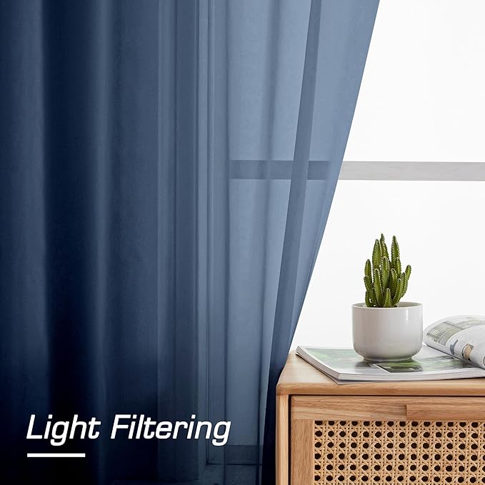 Simplebrand Blue Sheer Curtains 63 Inch Length 2 Panels, Rod Pocket Solid Color Window Sheer Curtain Panels, Elegant Curtains & Drapes for Living Room, Bedroom 2 Panels (Navy Blue, 42" W x 63" L)