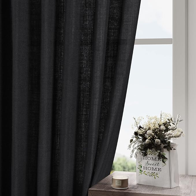 Black Linen Textured 96 Inch Curtains 2 Panel Set Back Tab Rod Pocket Sheer Light Filtering Boho Room Decor Aesthetic Curtains Burlap Look Curtain Drapes for Living Room Bedroom 8Ft 40x96 Inches