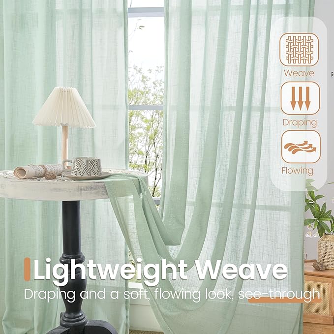 BGment Light Green Linen Semi Sheer Curtains 45 Inch Length - Short Drapes Lightweight Boho Rustic for Living Room Spring Decor with Rod Pocket, 2 Panels Set, 42 X 45 Inch
