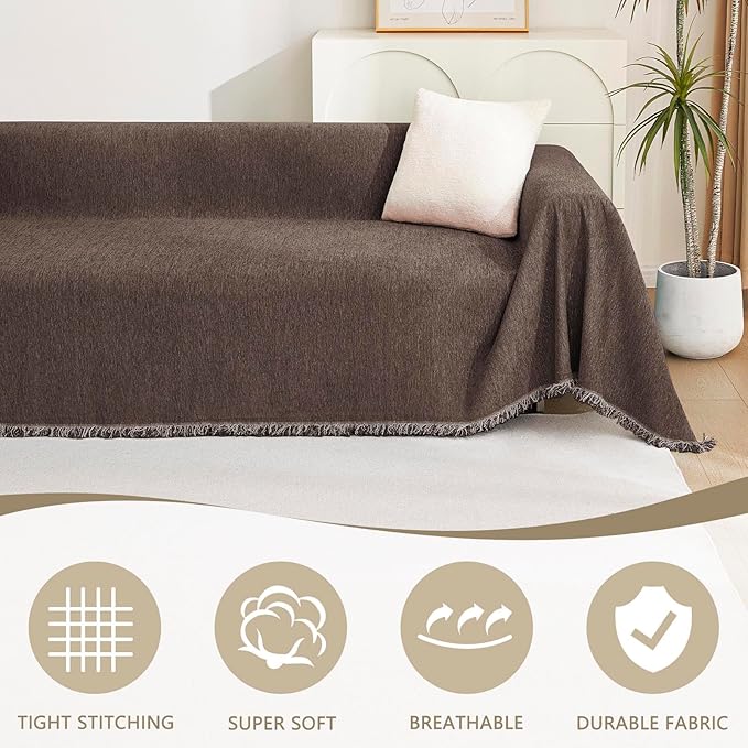 MYSKY HOME Couch Covers for 2 Cushion Couch Sectional Sofa, L Shape Sofa Protector Deep Chocolate Chenille Couch Cover, Sofa Covers Washable Blanket with Tassel Pet Couch Cushion Cover, 71"X102"