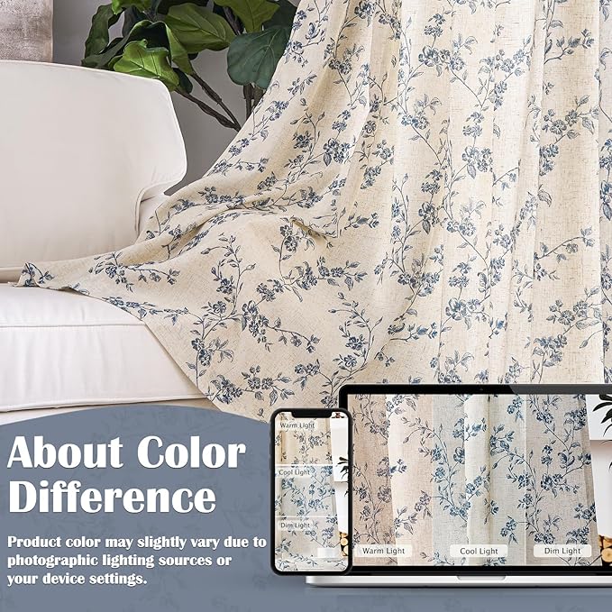 Lazzzy Floral Linen Curtains Farmhouse Extra Long Curtain for Living Room Bedroom Light Filtering Vintage Rod Pocket Back Tab Drapes for Home, 2 Panels, Blue on Beige, W38 X L108