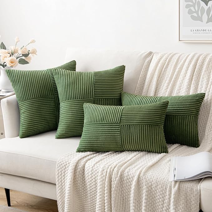 MIULEE Moss Green Decorative Throw Pillow Covers 20x20 Inch for Couch Bed Sofa Spring Decor Pack of 2 Boho Farmhouse Throw Pillows Soft Cross Corduroy Patchwork Textured Cushion Cases