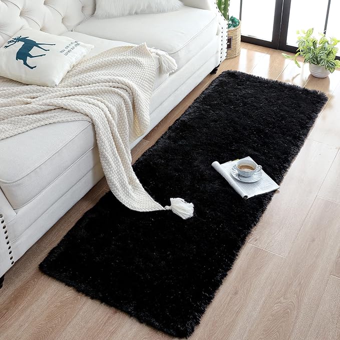 Chicrug Soft 2x10 Runner Rug for Bedroom Living Room Plush Fluffy Rug, Shag Furry Hallway Runner Carpet Rug Non Shedding for Nursery Children Kids Girls Room Home Decorative, Black