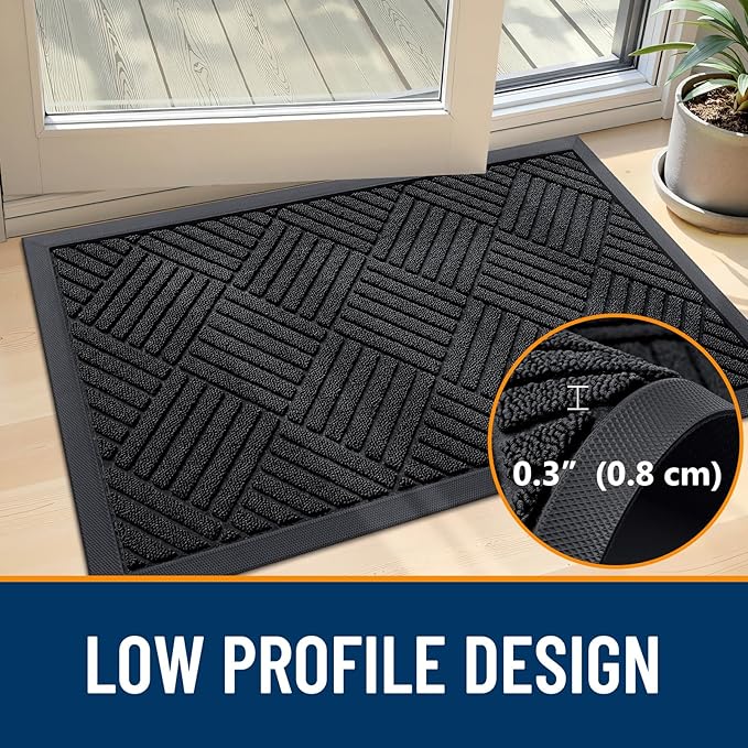 OLANLY Front Door Mat Outside Entrance 35x23, Absorbent, Heavy Duty Sturdy Natural Rubber Doormat Indoor Outdoor, Stain and Fade Resistant, Non-Slip Low Profile Floor Mat for Entryway, Black Diamond