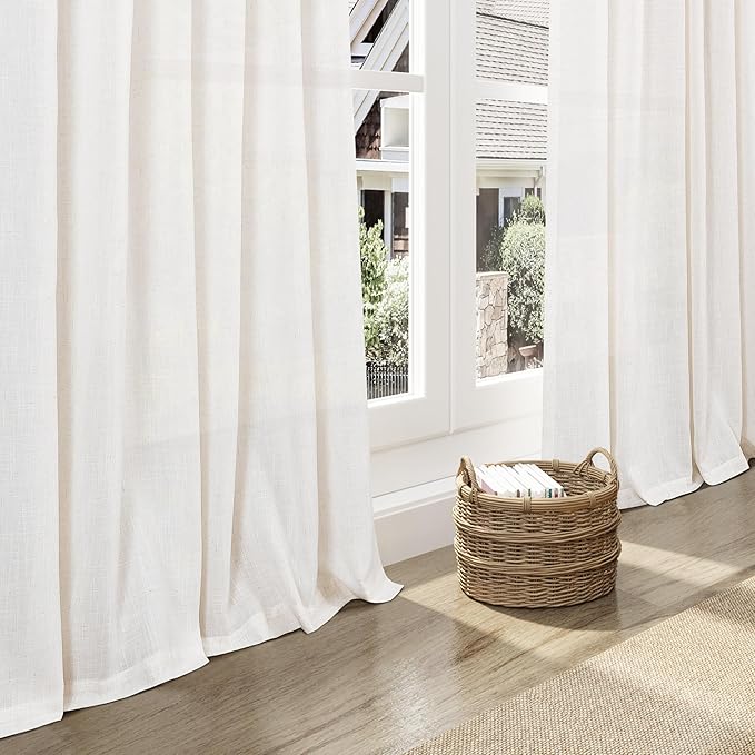 Ivory White Linen Curtains 132 Inch Length for Living Room Light Filtering Semi Sheer Curtain Back Tab Neutral Modern Farmhouse Decor Drapes Floor to Ceiling High Window for Bedroom 52x132, 2 Panels