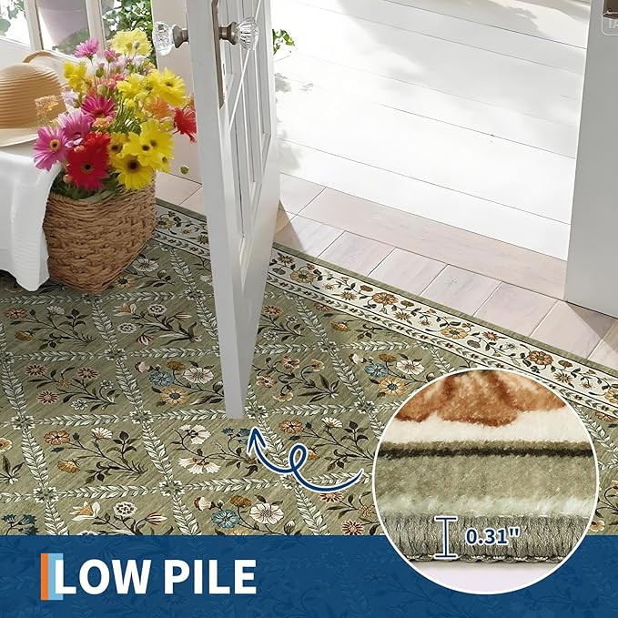Runner Rug for Hallway Entryway 2.5x8 Farmhouse Floral Non-Slip Machine Washable Kitchen Rug Runner Non-Shedding Low-Pile Soft Long Carpet for Entrance Laundry Room Green