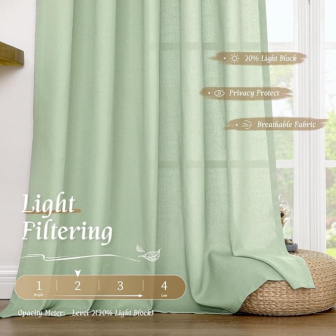 LAMIT Natural Linen Curtains for Bedroom, 72 Inch Faux Linen Textured Light Filtering Drapes Rod Pocket Window Treatment Panels for Living Room, Set of 2 Panels, 52 x 72 Inch, Light Green